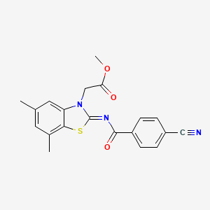 molecular formula C20H17N3O3S B2587191 Methyl 2-[2-(4-cyanobenzoyl)imino-5,7-dimethyl-1,3-benzothiazol-3-yl]acetate CAS No. 1322254-96-5