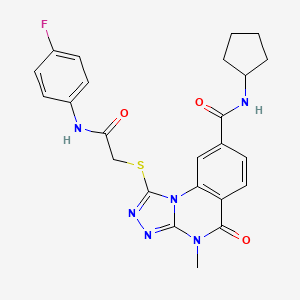molecular formula C24H23FN6O3S B2587576 N-cyclopentyl-1-({[(4-fluorophenyl)carbamoyl]methyl}sulfanyl)-4-methyl-5-oxo-4H,5H-[1,2,4]triazolo[4,3-a]quinazoline-8-carboxamide CAS No. 1105237-27-1
