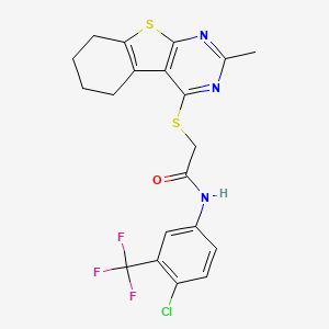 molecular formula C20H17ClF3N3OS2 B2587654 N-[4-chloro-3-(trifluoromethyl)phenyl]-2-({5-methyl-8-thia-4,6-diazatricyclo[7.4.0.0^{2,7}]trideca-1(9),2(7),3,5-tetraen-3-yl}sulfanyl)acetamide CAS No. 670268-50-5