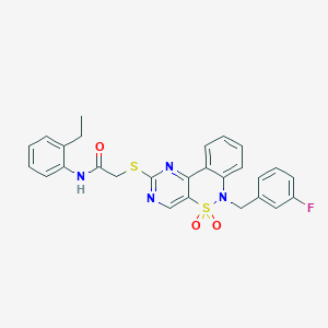 molecular formula C27H23FN4O3S2 B2588148 N-(2-ethylphenyl)-2-({9-[(3-fluorophenyl)methyl]-8,8-dioxo-8lambda6-thia-3,5,9-triazatricyclo[8.4.0.0^{2,7}]tetradeca-1(14),2(7),3,5,10,12-hexaen-4-yl}sulfanyl)acetamide CAS No. 932448-85-6