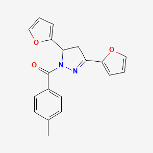 molecular formula C19H16N2O3 B2588250 (3,5-di(furan-2-yl)-4,5-dihydro-1H-pyrazol-1-yl)(p-tolyl)methanone CAS No. 864939-74-2