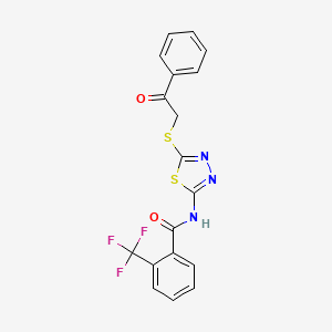 molecular formula C18H12F3N3O2S2 B2588386 N-{5-[(2-oxo-2-phenylethyl)sulfanyl]-1,3,4-thiadiazol-2-yl}-2-(trifluoromethyl)benzamide CAS No. 391875-12-0