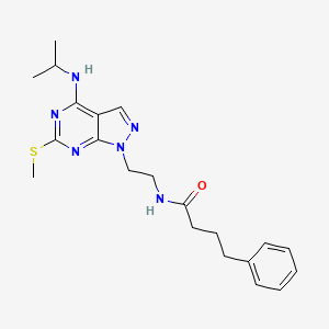 molecular formula C21H28N6OS B2588571 N-(2-(4-(isopropylamino)-6-(methylthio)-1H-pyrazolo[3,4-d]pyrimidin-1-yl)ethyl)-4-phenylbutanamide CAS No. 953996-18-4