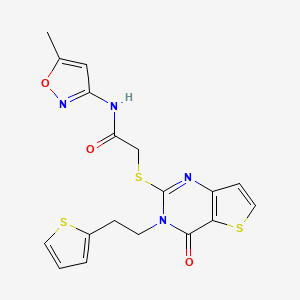 molecular formula C18H16N4O3S3 B2588603 N-(5-甲基-1,2-噁唑-3-基)-2-({4-氧代-3-[2-(噻吩-2-基)乙基]-3,4-二氢噻吩并[3,2-d]嘧啶-2-基}硫代)乙酰胺 CAS No. 1261020-76-1