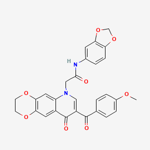 molecular formula C28H22N2O8 B2588768 N-(2H-1,3-benzodioxol-5-yl)-2-[8-(4-methoxybenzoyl)-9-oxo-2H,3H,6H,9H-[1,4]dioxino[2,3-g]quinolin-6-yl]acetamide CAS No. 866808-39-1
