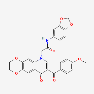 molecular formula C28H22N2O8 B2588768 N-(1,3-benzodioxol-5-yl)-2-[8-(4-methoxybenzoyl)-9-oxo-2,3-dihydro-[1,4]dioxino[2,3-g]quinolin-6-yl]acetamide CAS No. 866808-39-1