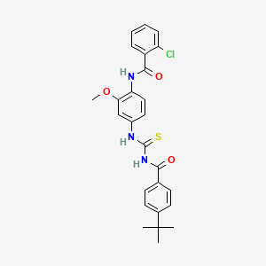 molecular formula C26H26ClN3O3S B2588872 N-(4-(3-(4-(tert-butyl)benzoyl)thioureido)-2-methoxyphenyl)-2-chlorobenzamide CAS No. 462083-49-4