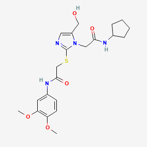 molecular formula C21H28N4O5S B2588939 N-cyclopentyl-2-(2-((2-((3,4-dimethoxyphenyl)amino)-2-oxoethyl)thio)-5-(hydroxymethyl)-1H-imidazol-1-yl)acetamide CAS No. 921526-30-9