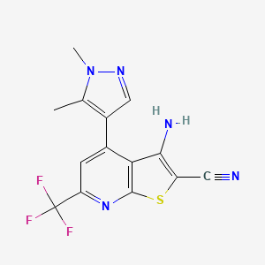 molecular formula C14H10F3N5S B2588950 3-amino-4-(1,5-dimethyl-1H-pyrazol-4-yl)-6-(trifluoromethyl)thieno[2,3-b]pyridine-2-carbonitrile CAS No. 1020058-98-3