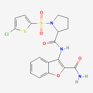molecular formula C18H16ClN3O5S2 B2588975 N-(2-carbamoylbenzofuran-3-yl)-1-((5-chlorothiophen-2-yl)sulfonyl)pyrrolidine-2-carboxamide CAS No. 1098645-07-8
