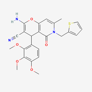 molecular formula C24H23N3O5S B2588976 2-amino-7-methyl-5-oxo-6-(thiophen-2-ylmethyl)-4-(2,3,4-trimethoxyphenyl)-5,6-dihydro-4H-pyrano[3,2-c]pyridine-3-carbonitrile CAS No. 638138-72-4
