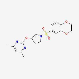 molecular formula C18H21N3O5S B2589000 2-((1-((2,3-Dihydrobenzo[b][1,4]dioxin-6-yl)sulfonyl)pyrrolidin-3-yl)oxy)-4,6-dimethylpyrimidine CAS No. 2034499-81-3