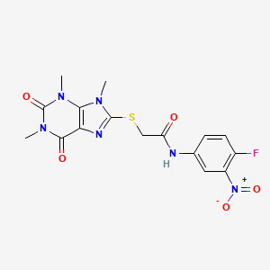 molecular formula C16H15FN6O5S B2589093 N-(4-fluoro-3-nitrophenyl)-2-((1,3,9-trimethyl-2,6-dioxo-2,3,6,9-tetrahydro-1H-purin-8-yl)thio)acetamide CAS No. 897453-83-7