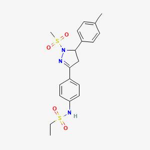 molecular formula C19H23N3O4S2 B2589170 N-(4-(1-(methylsulfonyl)-5-(p-tolyl)-4,5-dihydro-1H-pyrazol-3-yl)phenyl)ethanesulfonamide CAS No. 851781-36-7