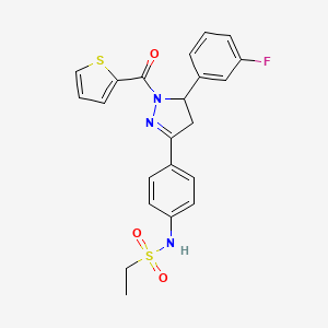 molecular formula C22H20FN3O3S2 B2589304 N-{4-[5-(3-fluorophenyl)-1-(thiophene-2-carbonyl)-4,5-dihydro-1H-pyrazol-3-yl]phenyl}ethane-1-sulfonamide CAS No. 852141-23-2