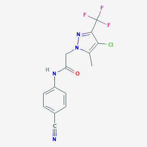 molecular formula C14H10ClF3N4O B258963 2-[4-chloro-5-methyl-3-(trifluoromethyl)-1H-pyrazol-1-yl]-N-(4-cyanophenyl)acetamide 