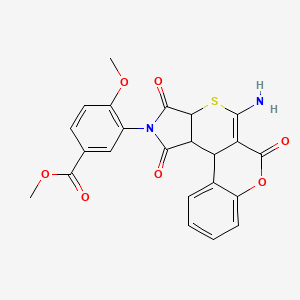 molecular formula C23H18N2O7S B2589673 methyl 3-(11-amino-9,14,16-trioxo-8-oxa-12-thia-15-azatetracyclo[8.7.0.02,7.013,17]heptadeca-2,4,6,10-tetraen-15-yl)-4-methoxybenzoate CAS No. 1421441-81-7