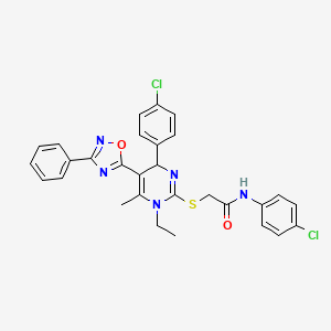 molecular formula C29H25Cl2N5O2S B2589704 N-(4-chlorophenyl)-2-{[4-(4-chlorophenyl)-1-ethyl-6-methyl-5-(3-phenyl-1,2,4-oxadiazol-5-yl)-1,4-dihydropyrimidin-2-yl]thio}acetamide CAS No. 1986550-01-9