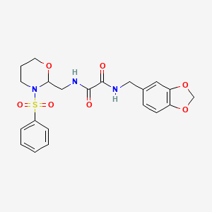 molecular formula C21H23N3O7S B2589775 N'-{[3-(benzenesulfonyl)-1,3-oxazinan-2-yl]methyl}-N-[(2H-1,3-benzodioxol-5-yl)methyl]ethanediamide CAS No. 872881-17-9