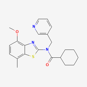 molecular formula C22H25N3O2S B2589822 N-(4-methoxy-7-methyl-1,3-benzothiazol-2-yl)-N-[(pyridin-3-yl)methyl]cyclohexanecarboxamide CAS No. 895426-94-5