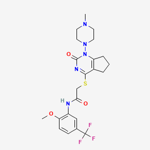 molecular formula C22H26F3N5O3S B2589918 N-(2-methoxy-5-(trifluoromethyl)phenyl)-2-((1-(4-methylpiperazin-1-yl)-2-oxo-2,5,6,7-tetrahydro-1H-cyclopenta[d]pyrimidin-4-yl)thio)acetamide CAS No. 920413-97-4