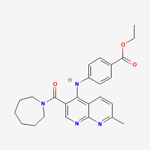 molecular formula C25H28N4O3 B2589992 Ethyl 4-{[3-(azepane-1-carbonyl)-7-methyl-1,8-naphthyridin-4-yl]amino}benzoate CAS No. 1251623-28-5