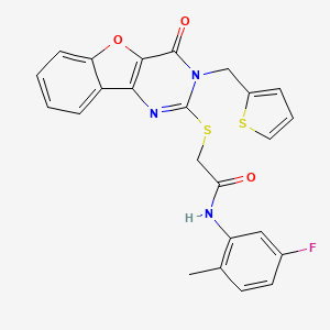 molecular formula C24H18FN3O3S2 B2590271 N-(5-fluoro-2-methylphenyl)-2-({6-oxo-5-[(thiophen-2-yl)methyl]-8-oxa-3,5-diazatricyclo[7.4.0.0^{2,7}]trideca-1(9),2(7),3,10,12-pentaen-4-yl}sulfanyl)acetamide CAS No. 899941-70-9