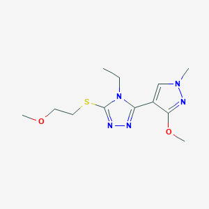 molecular formula C12H19N5O2S B2590463 4-ethyl-3-(3-methoxy-1-methyl-1H-pyrazol-4-yl)-5-((2-methoxyethyl)thio)-4H-1,2,4-triazole CAS No. 1014052-49-3