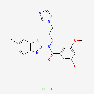 molecular formula C23H25ClN4O3S B2590598 N-(3-(1H-imidazol-1-yl)propyl)-3,5-dimethoxy-N-(6-methylbenzo[d]thiazol-2-yl)benzamide hydrochloride CAS No. 1215670-28-2