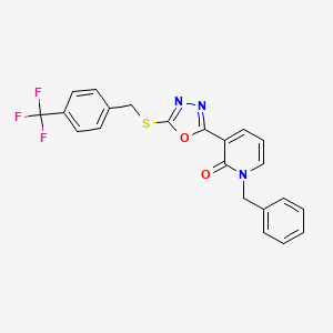 molecular formula C22H16F3N3O2S B2590605 1-benzyl-3-[5-({[4-(trifluoromethyl)phenyl]methyl}sulfanyl)-1,3,4-oxadiazol-2-yl]-1,2-dihydropyridin-2-one CAS No. 400074-85-3
