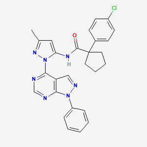 molecular formula C27H24ClN7O B2590645 1-(4-chlorophenyl)-N-(3-methyl-1-(1-phenyl-1H-pyrazolo[3,4-d]pyrimidin-4-yl)-1H-pyrazol-5-yl)cyclopentanecarboxamide CAS No. 1005950-57-1