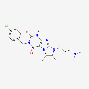 molecular formula C22H27ClN6O2 B2590658 3-(4-chlorobenzyl)-8-(3-(dimethylamino)propyl)-1,6,7-trimethyl-1H-imidazo[2,1-f]purine-2,4(3H,8H)-dione CAS No. 923393-97-9