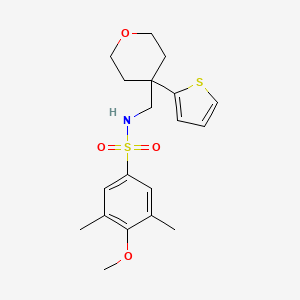 molecular formula C19H25NO4S2 B2590669 4-methoxy-3,5-dimethyl-N-{[4-(thiophen-2-yl)oxan-4-yl]methyl}benzene-1-sulfonamide CAS No. 1203032-38-5