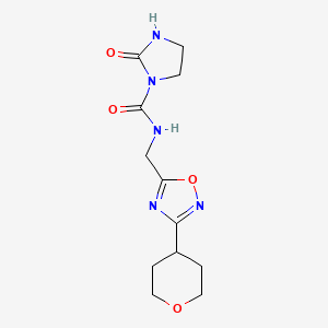 molecular formula C12H17N5O4 B2590775 2-oxo-N-((3-(tetrahydro-2H-pyran-4-yl)-1,2,4-oxadiazol-5-yl)methyl)imidazolidine-1-carboxamide CAS No. 2034536-45-1