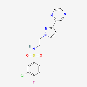 molecular formula C15H13ClFN5O2S B2590781 3-氯-4-氟-N-(2-(3-(吡嗪-2-基)-1H-吡唑-1-基)乙基)苯磺酰胺 CAS No. 2034505-42-3