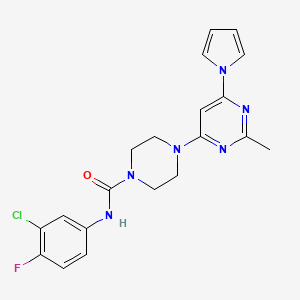 molecular formula C20H20ClFN6O B2590825 N-(3-chloro-4-fluorophenyl)-4-(2-methyl-6-(1H-pyrrol-1-yl)pyrimidin-4-yl)piperazine-1-carboxamide CAS No. 1421493-87-9