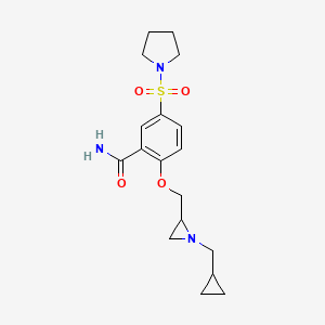 molecular formula C18H25N3O4S B2591010 2-[[1-(Cyclopropylmethyl)aziridin-2-yl]methoxy]-5-pyrrolidin-1-ylsulfonylbenzamide CAS No. 2418705-85-6