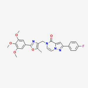 molecular formula C26H23FN4O5 B2591014 2-(4-fluorophenyl)-5-((5-methyl-2-(3,4,5-trimethoxyphenyl)oxazol-4-yl)methyl)pyrazolo[1,5-a]pyrazin-4(5H)-one CAS No. 1359207-55-8