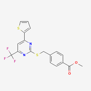 molecular formula C18H13F3N2O2S2 B2591089 Methyl 4-({[4-(thiophen-2-yl)-6-(trifluoromethyl)pyrimidin-2-yl]sulfanyl}methyl)benzoate CAS No. 710288-68-9