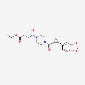 molecular formula C21H26N2O6 B2591231 Ethyl 4-(4-(2-(benzo[d][1,3]dioxol-5-yl)cyclopropanecarbonyl)piperazin-1-yl)-4-oxobutanoate CAS No. 1219904-14-9