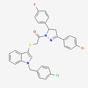 B2591254 1-[5-(4-Bromophenyl)-3-(4-fluorophenyl)-3,4-dihydropyrazol-2-yl]-2-[1-[(4-chlorophenyl)methyl]indol-3-yl]sulfanylethanone CAS No. 681280-39-7