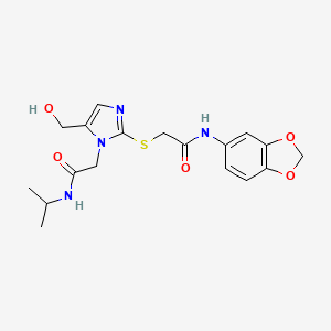 molecular formula C18H22N4O5S B2591262 N-(benzo[d][1,3]dioxol-5-yl)-2-((5-(hydroxymethyl)-1-(2-(isopropylamino)-2-oxoethyl)-1H-imidazol-2-yl)thio)acetamide CAS No. 921566-38-3