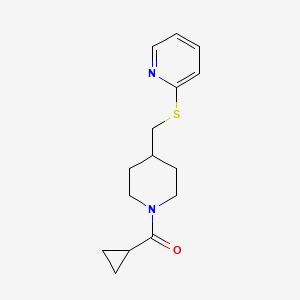 molecular formula C15H20N2OS B2591295 Cyclopropyl(4-((pyridin-2-ylthio)methyl)piperidin-1-yl)methanone CAS No. 1421497-02-0