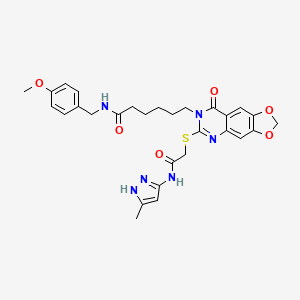molecular formula C29H32N6O6S B2591473 N-[(4-methoxyphenyl)methyl]-6-[6-({[(3-methyl-1H-pyrazol-5-yl)carbamoyl]methyl}sulfanyl)-8-oxo-2H,7H,8H-[1,3]dioxolo[4,5-g]quinazolin-7-yl]hexanamide CAS No. 896681-93-9