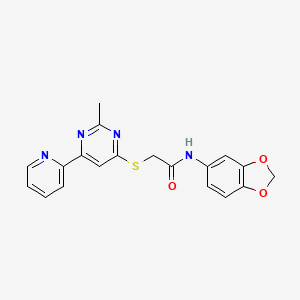 molecular formula C19H16N4O3S B2591563 N-(2H-1,3-benzodioxol-5-yl)-2-{[2-methyl-6-(pyridin-2-yl)pyrimidin-4-yl]sulfanyl}acetamide CAS No. 1251706-84-9