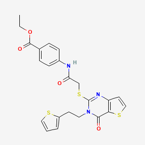 molecular formula C23H21N3O4S3 B2591683 ethyl 4-[2-({4-oxo-3-[2-(thiophen-2-yl)ethyl]-3H,4H-thieno[3,2-d]pyrimidin-2-yl}sulfanyl)acetamido]benzoate CAS No. 1260947-43-0