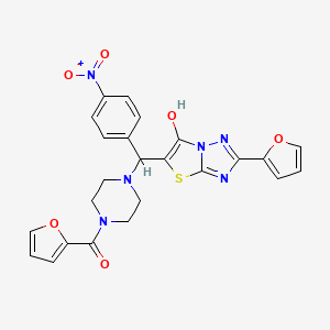 molecular formula C24H20N6O6S B2591744 Furan-2-yl(4-((2-(furan-2-yl)-6-hydroxythiazolo[3,2-b][1,2,4]triazol-5-yl)(4-nitrophenyl)methyl)piperazin-1-yl)methanone CAS No. 898437-47-3