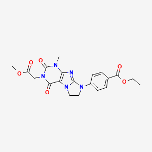 molecular formula C20H21N5O6 B2591745 Methyl 2-{8-[4-(ethoxycarbonyl)phenyl]-1-methyl-2,4-dioxo-1,3,5-trihydroimidaz olidino[1,2-h]purin-3-yl}acetate CAS No. 893961-88-1