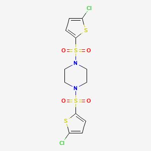 molecular formula C12H12Cl2N2O4S4 B2591752 1,4-Bis[(5-chlorothiophen-2-yl)sulfonyl]piperazine CAS No. 500149-15-5