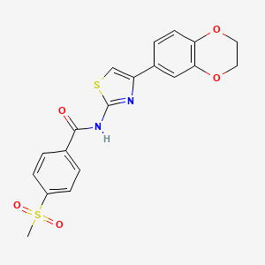 molecular formula C19H16N2O5S2 B2592090 N-(4-(2,3-dihydrobenzo[b][1,4]dioxin-6-yl)thiazol-2-yl)-4-(methylsulfonyl)benzamide CAS No. 896342-38-4